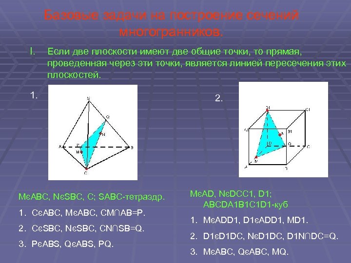 Базовые задачи на построение сечений многогранников. I. Если две плоскости имеют две общие точки,