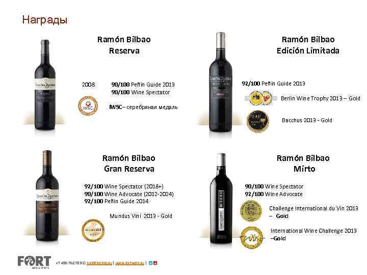Награды Ramón Bilbao Reserva 2008 90/100 Peñin Guide 2013 90/100 Wine Spectator Ramón Bilbao
