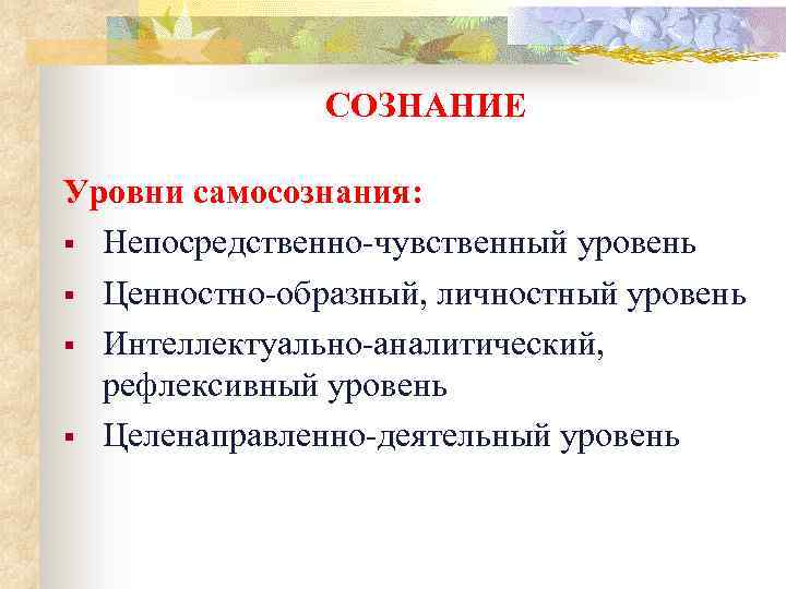 СОЗНАНИЕ Уровни самосознания: § Непосредственно-чувственный уровень § Ценностно-образный, личностный уровень § Интеллектуально-аналитический, рефлексивный уровень