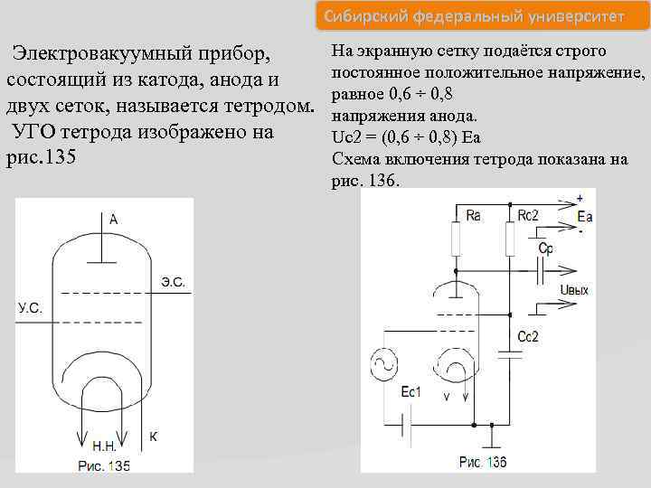 Сибирский федеральный университет Электровакуумный прибор, состоящий из катода, анода и двух сеток, называется тетродом.