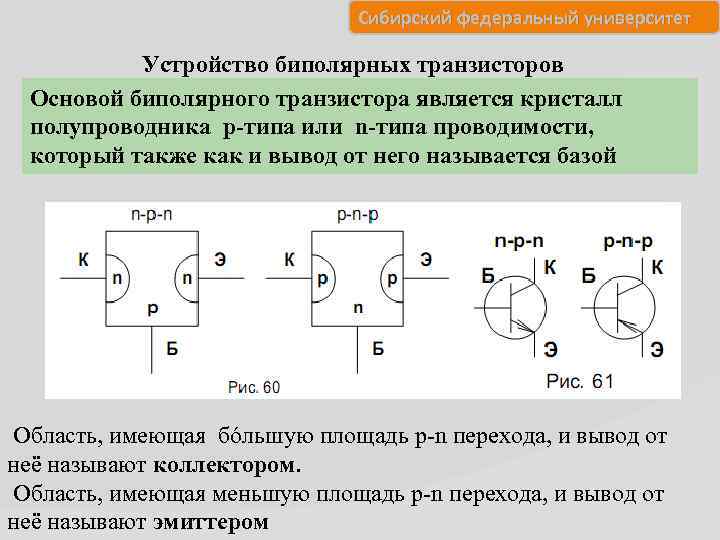 Сибирский федеральный университет Устройство биполярных транзисторов Основой биполярного транзистора является кристалл полупроводника p-типа или