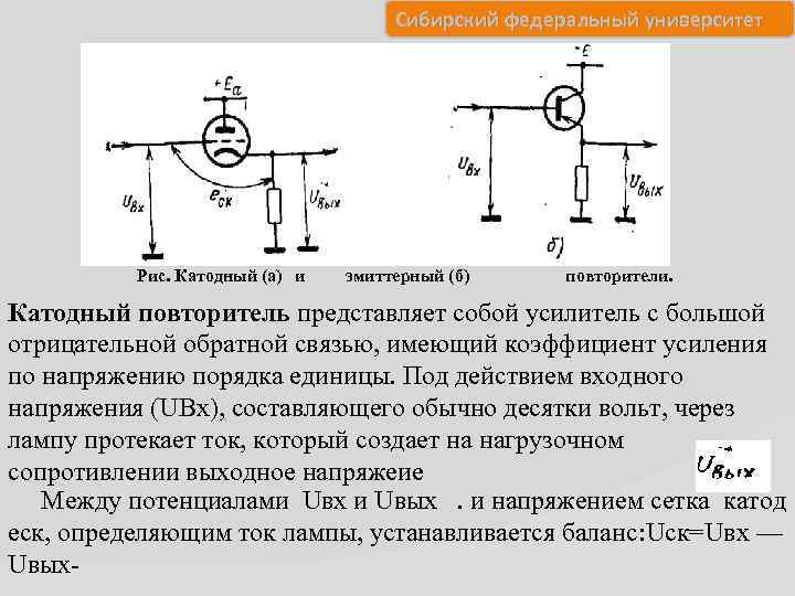 Сибирский федеральный университет Рис. Катодный (а) и эмиттерный (б) повторители. Катодный повторитель представляет собой