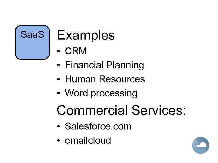 Saa. S Examples • • CRM Financial Planning Human Resources Word processing Commercial Services: