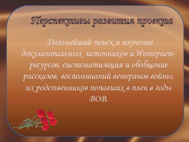 Перспективы развития проекта Дальнейший поиск и изучение документальных источников и Интернетресурсов, систематизация и обобщение