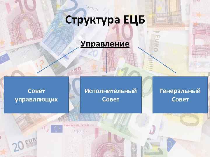 Структура ЕЦБ Управление Совет управляющих Исполнительный Совет Генеральный Совет 