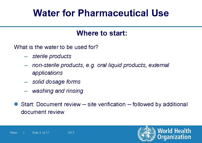 Water for Pharmaceutical Use Where to start: What is the water to be used