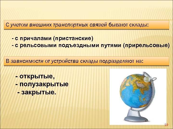 С учетом внешних транспортных связей бывают склады: - с причалами (пристанские) - с рельсовыми