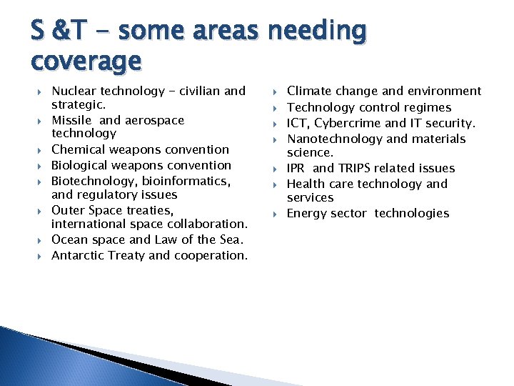 S &T - some areas needing coverage Nuclear technology - civilian and strategic. Missile