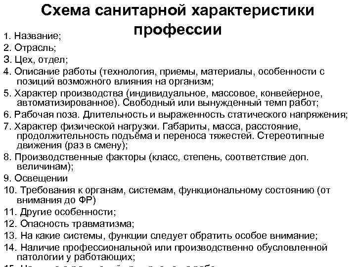 Схема санитарной характеристики профессии 1. Название; 2. Отрасль; З. Цех, отдел; 4. Описание работы