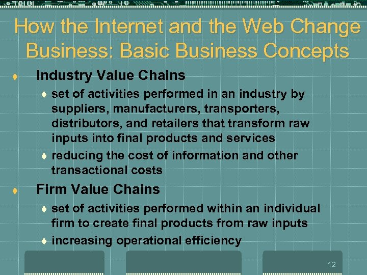 How the Internet and the Web Change Business: Basic Business Concepts t Industry Value