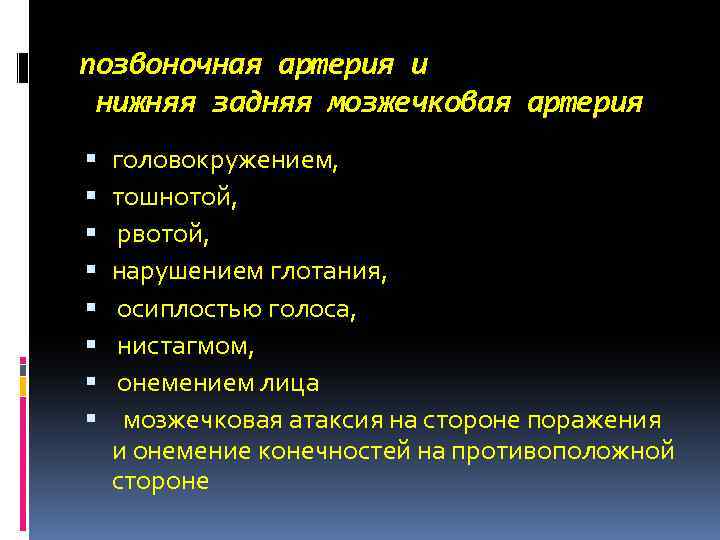 позвоночная артерия и нижняя задняя мозжечковая артерия головокружением, тошнотой, рвотой, нарушением глотания, осиплостью голоса,