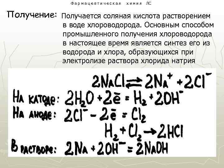 Фармацевтическая химия ЛС Получение: Получается соляная кислота растворением в воде хлороводорода. Основным способом промышленного