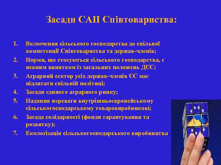 Засади САП Співтовариства: 1. 2. 3. 4. 5. 6. 7. Включення сільського господарства до