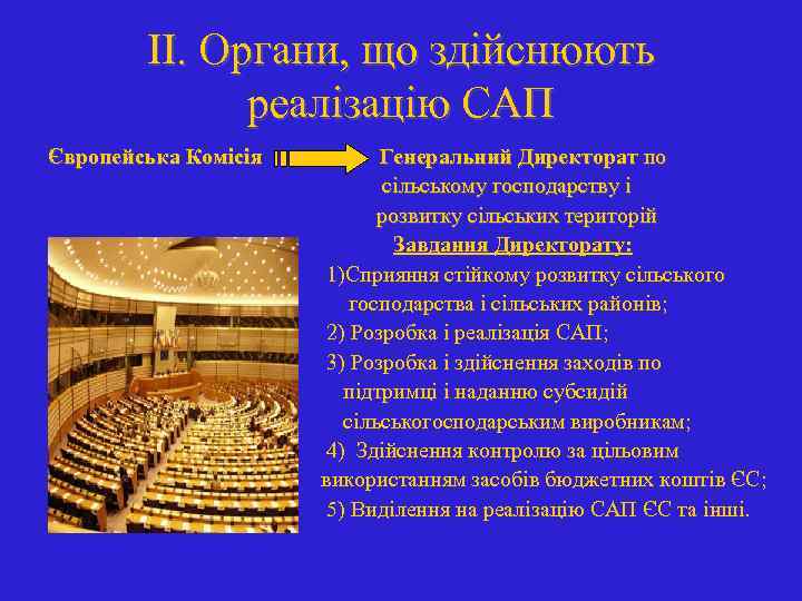 ІІ. Органи, що здійснюють реалізацію САП Європейська Комісія Генеральний Директорат по сільському господарству і