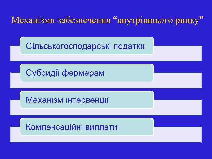 Механізми забезпечення “внутрішнього ринку” Сільськогосподарські податки Субсидії фермерам Механізм інтервенції Компенсаційні виплати 