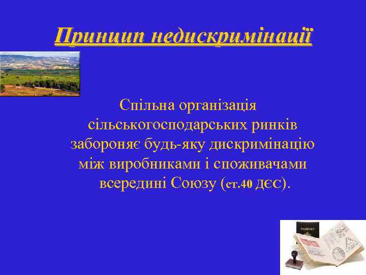 Принцип недискримінації Спільна організація сільськогосподарських ринків забороняє будь-яку дискримінацію між виробниками і споживачами всередині