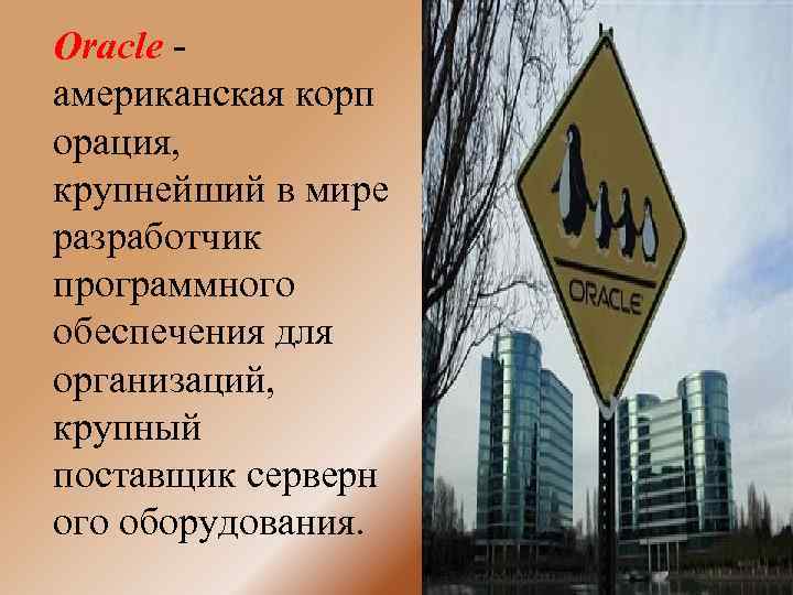 Oracle - американская корп орация, крупнейший в мире разработчик программного обеспечения для организаций, крупный