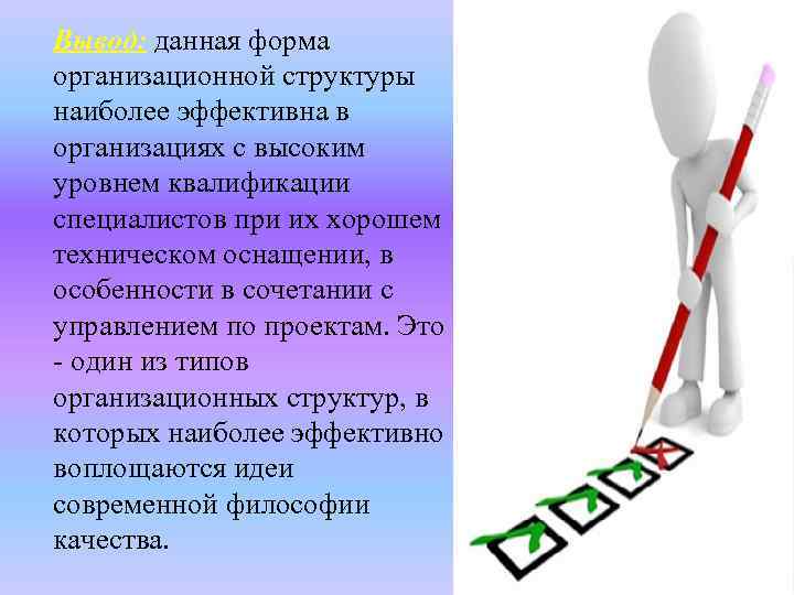 Вывод: данная форма организационной структуры наиболее эффективна в организациях с высоким уровнем квалификации