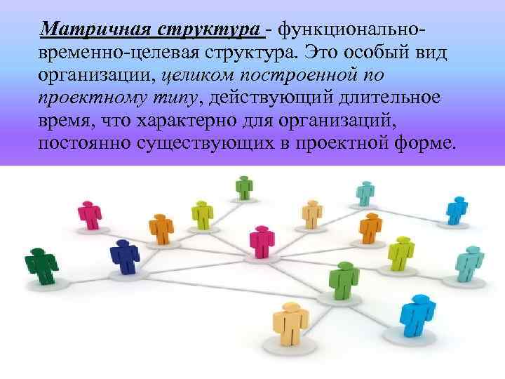  Матричная структура - функциональновременно-целевая структура. Это особый вид организации, целиком построенной по проектному