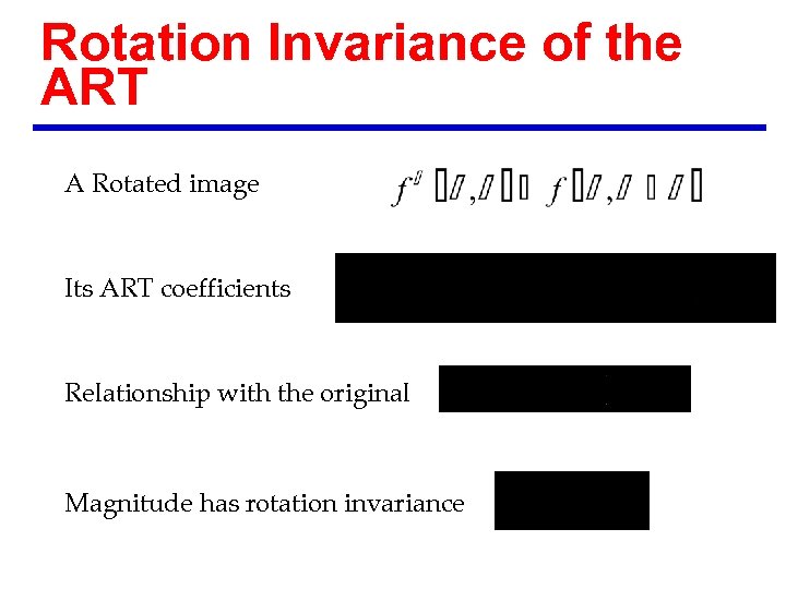 Rotation Invariance of the ART A Rotated image Its ART coefficients Relationship with the