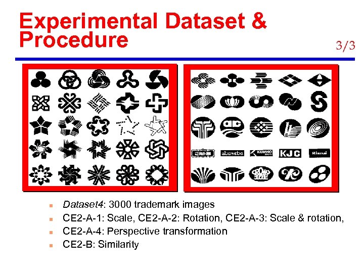 Experimental Dataset & Procedure n n 3/3 Dataset 4: 3000 trademark images CE 2