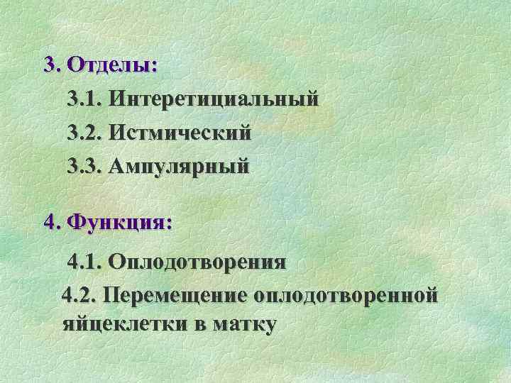3. Отделы: 3. 1. Интеретициальный 3. 2. Истмический 3. 3. Ампулярный 4. Функция: 4.