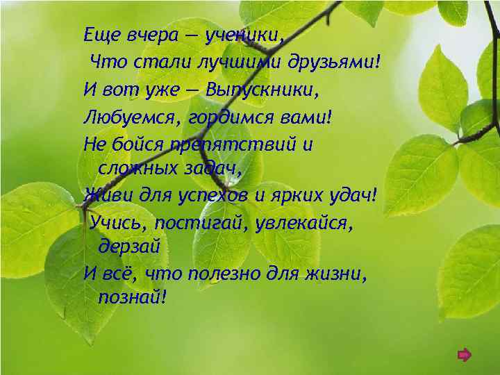 Еще вчера — ученики, Что стали лучшими друзьями! И вот уже — Выпускники, Любуемся,