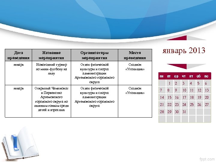 Дата проведения Название мероприятия Организаторы мероприятия январь Новогодний турнир по мини-футболу на льду Отдел