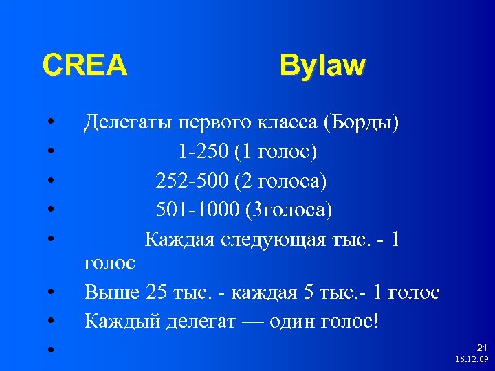 CREA • • Bylaw Делегаты первого класса (Борды) 1 -250 (1 голос) 252 -500