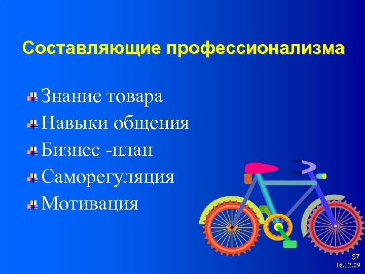 Составляющие профессионализма Знание товара Навыки общения Бизнес -план Саморегуляция Мотивация 37 16. 12. 09