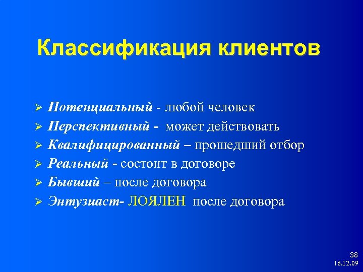 Классификация клиентов Потенциальный - любой человек Перспективный - может действовать Квалифицированный – прошедший отбор