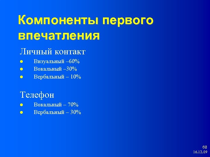 Компоненты первого впечатления Личный контакт Визуальный – 60% Вокальный – 30% Вербальный – 10%