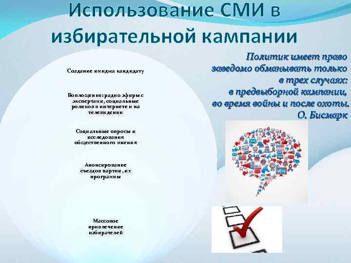 Использование СМИ в избирательной кампании Создание имиджа кандидату Воплощение: радио эфиры с экспертами, социальные