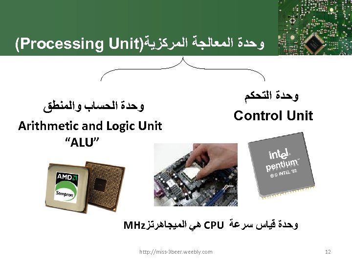 (Processing Unit) ﻭﺣﺪﺓ ﺍﻟﻤﻌﺎﻟﺠﺔ ﺍﻟﻤﺮﻛﺰﻳﺔ ● (ﻭﺣﺪﺓ ﺍﻟﻤﻌﺎﻟﺠﺔ ﺍﻟﻤﺮﻛﺰﻳﺔ Processing Unit) ﻭﺣﺪﺓ ﺍﻟﺤﺴﺎﺏ ﻭﺍﻟﻤﻨﻄﻖ