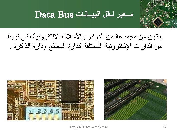  ﻣــﻌﺒﺮ ﻧـﻘﻞ ﺍﻟﺒﻴــﺎﻧﺎﺕ Data Bus ﻳﺘﻜﻮﻥ ﻣﻦ ﻣﺠﻤﻮﻋﺔ ﻣﻦ ﺍﻟﺪﻭﺍﺋﺮ ﻭﺍﻷﺴﻼﻙ ﺍﻹﻟﻜﺘﺮﻭﻧﻴﺔ ﺍﻟﺘﻲ