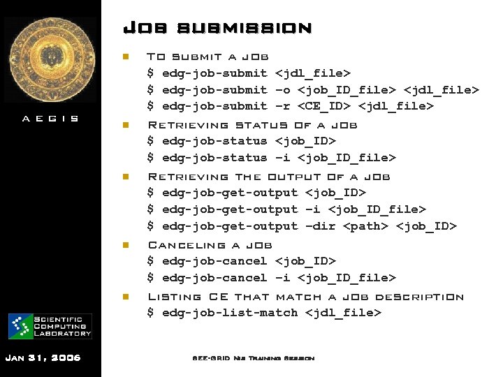 Job submission n AEGIS To submit a job $ edg-job-submit <jdl_file> $ edg-job-submit –o