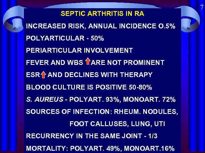 SEPTIC ARTHRITIS IN RA INCREASED RISK, ANNUAL INCIDENCE O. 5% POLYARTICULAR - 50% PERIARTICULAR