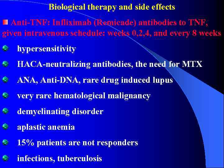 Biological therapy and side effects Anti-TNF: Infliximab (Remicade) antibodies to TNF, given intravenous schedule: