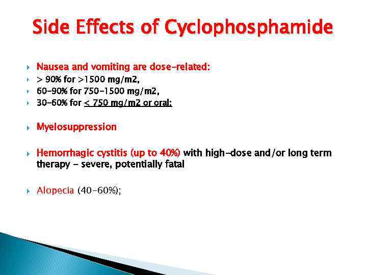 Side Effects of Cyclophosphamide Nausea and vomiting are dose-related: > 90% for >1500 mg/m