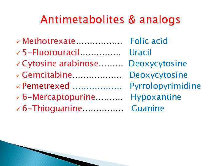 Antimetabolites & analogs ü Methotrexate……………. . ü 5 -Fluorouracil…………… ü Cytosine arabinose……… ü Gemcitabine…………….