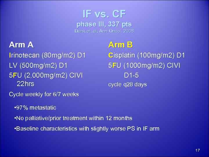 IF vs. CF phase III, 337 pts Dank et. al, Ann Oncol. 2008 Arm