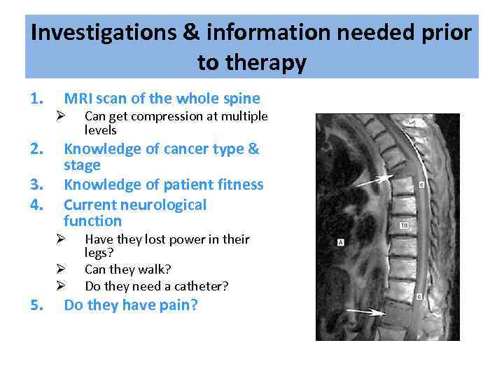 Investigations & information needed prior to therapy 1. 2. 3. 4. MRI scan of
