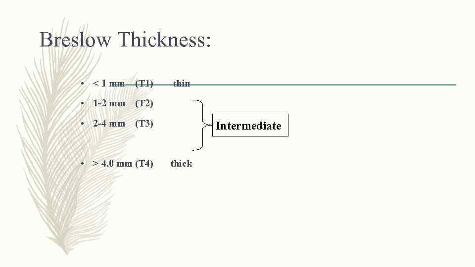Breslow Thickness: • < 1 mm (T 1) thin • 1 -2 mm (T