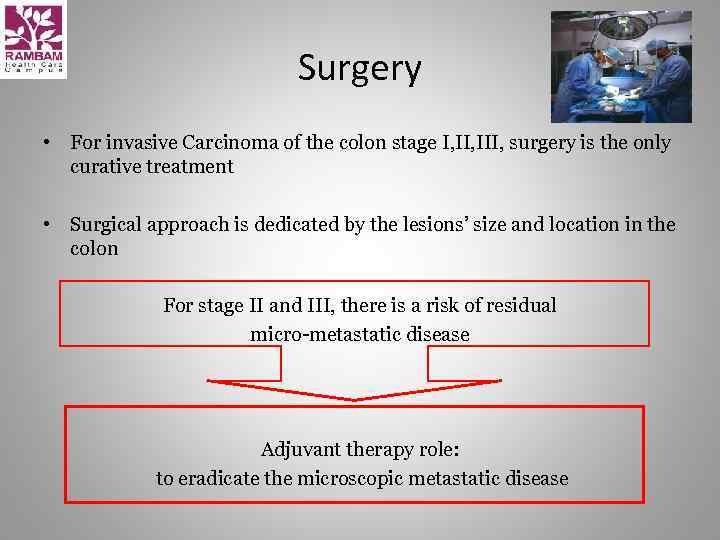 Surgery • For invasive Carcinoma of the colon stage I, III, surgery is the