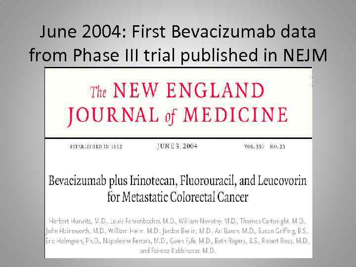 June 2004: First Bevacizumab data from Phase III trial published in NEJM 