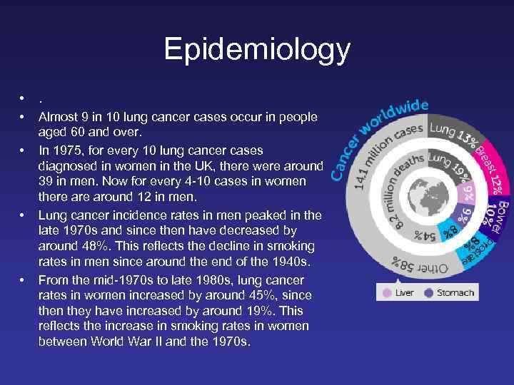 Epidemiology • • • . Almost 9 in 10 lung cancer cases occur in