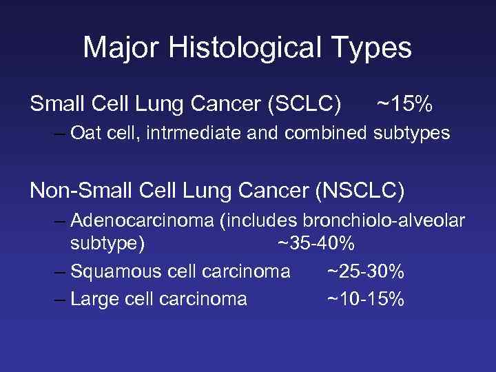 Major Histological Types Small Cell Lung Cancer (SCLC) ~15% – Oat cell, intrmediate and