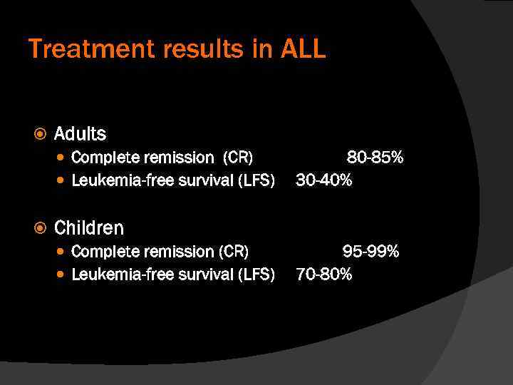 Treatment results in ALL Adults Complete remission (CR) Leukemia-free survival (LFS) 80 -85% 30