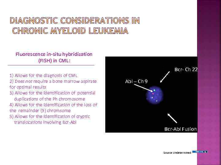 Fluorescence in-situ hybridization (FISH) in CML: 1) Allows for the diagnosis of CML 2)