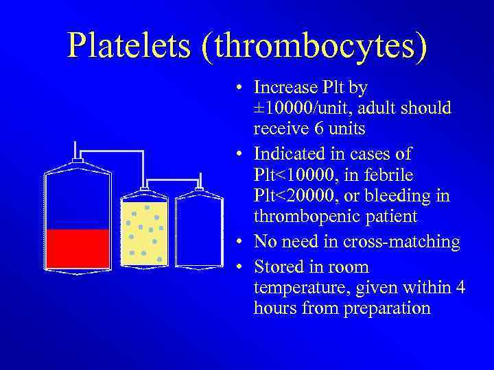 Platelets (thrombocytes) • Increase Plt by ± 10000/unit, adult should receive 6 units •